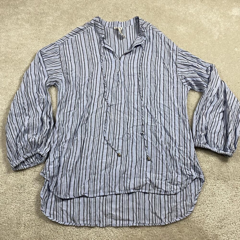 Free People Shirt Womens L Blue Striped V-Neck Balloon Sleeve Tunic Boho Gauzy